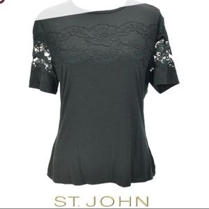 ST. JOHN Black Lace Panel Short Sleeve Top